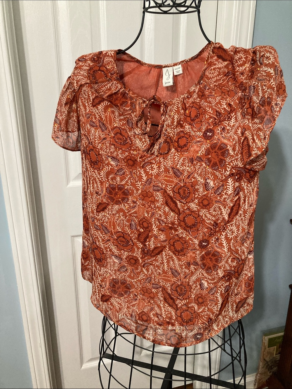 Joie Burnt Orange Floral Tie-Neck Short Sleeve Blouse